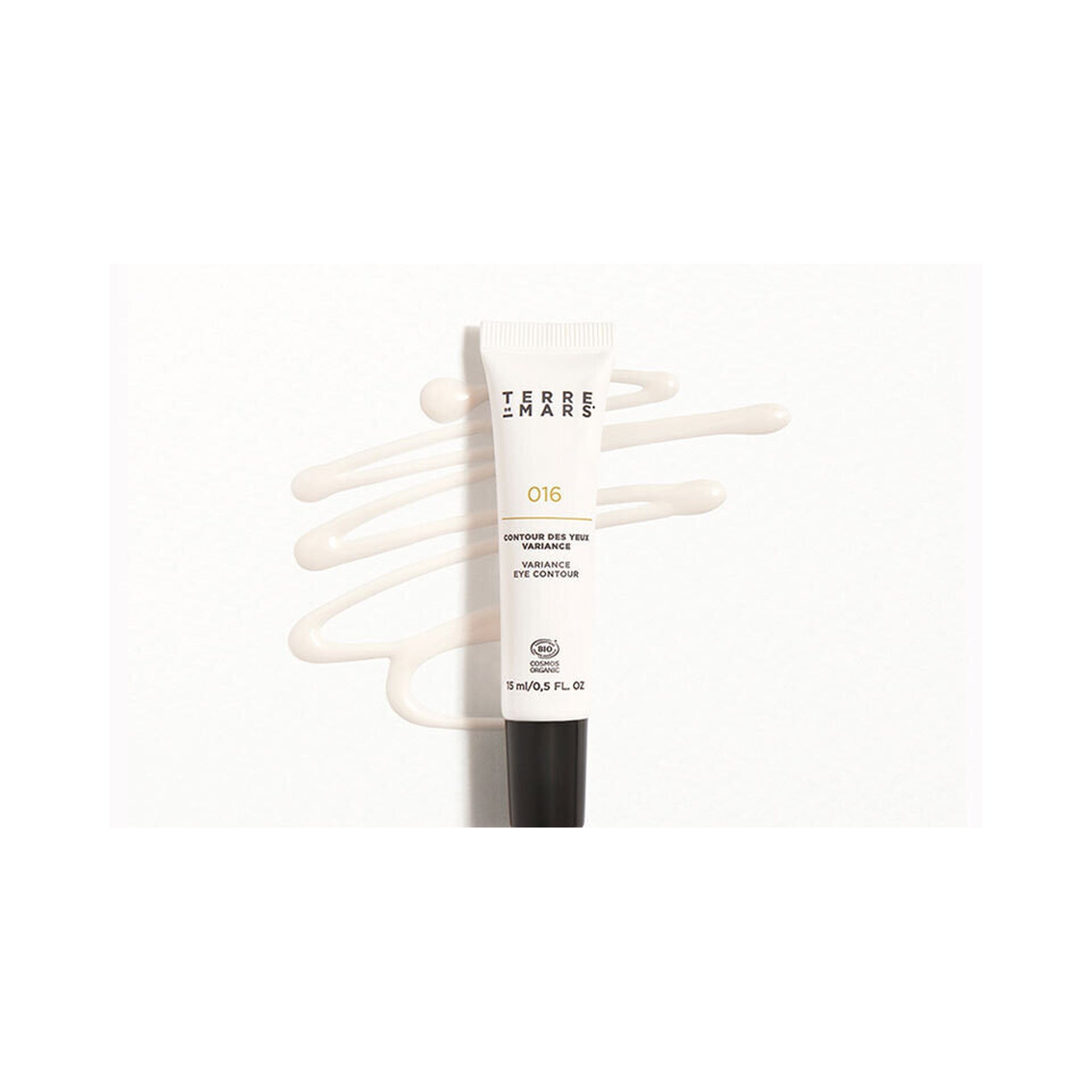 Textura de la crema contorno de ojos Terre de Mars 016 Variance — Consistencia ligera y swatch sobre fondo blanco | BeautifyBox