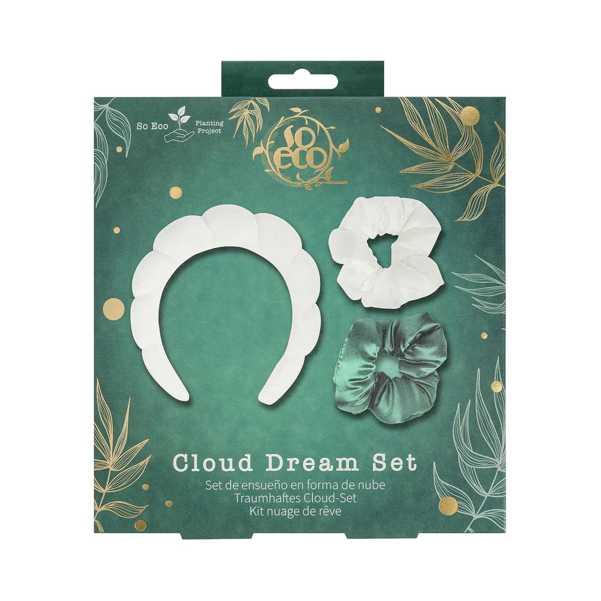 So Eco Cloud Dream Set — Packaging oficial verde con diadema nube y 2 coleteros satén veganos | BeautifyBox