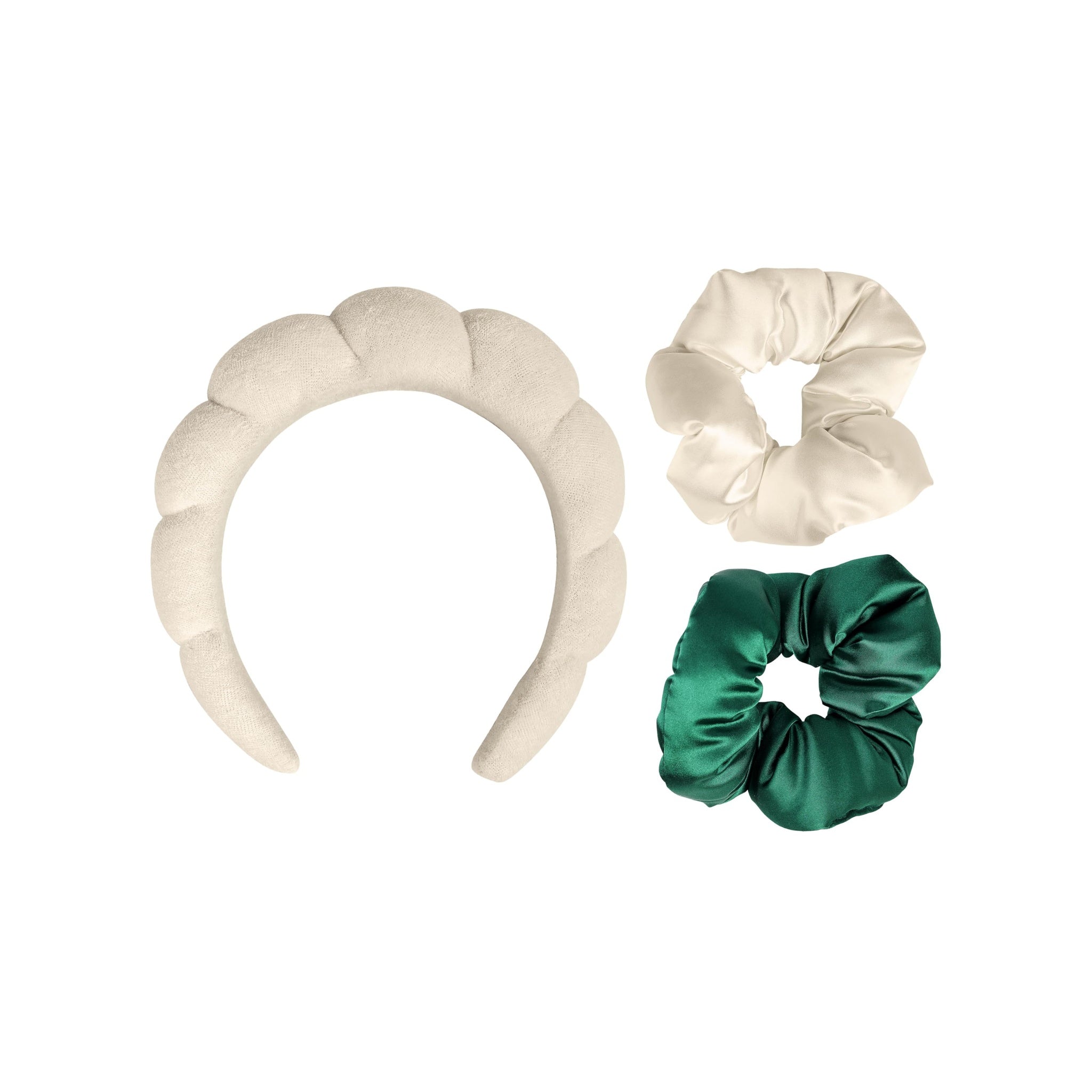 So Eco Cloud Dream Set — Diadema acolchada nube blanca + coleteros satén verde esmeralda y crema sobre fondo blanco | BeautifyBox