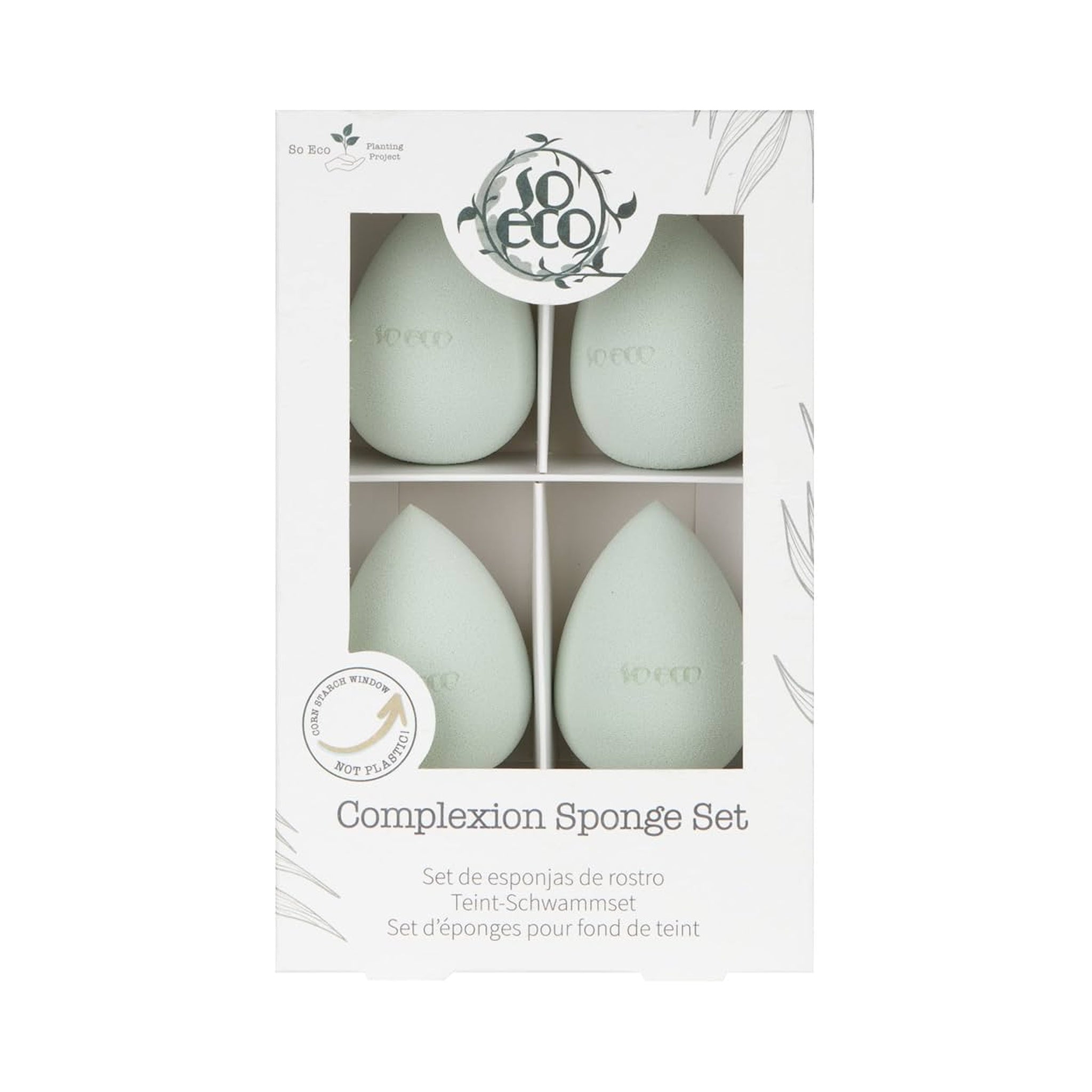 So Eco Complexion Sponge Set — Packaging oficial con 4 esponjas de maquillaje sin látex veganas | BeautifyBox